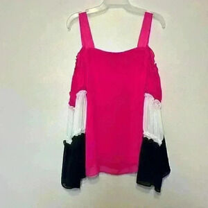 COCO BIANCO Cold Shoulder Tiered Sleeves Pink Blue White Cute Chiffon Top Size L